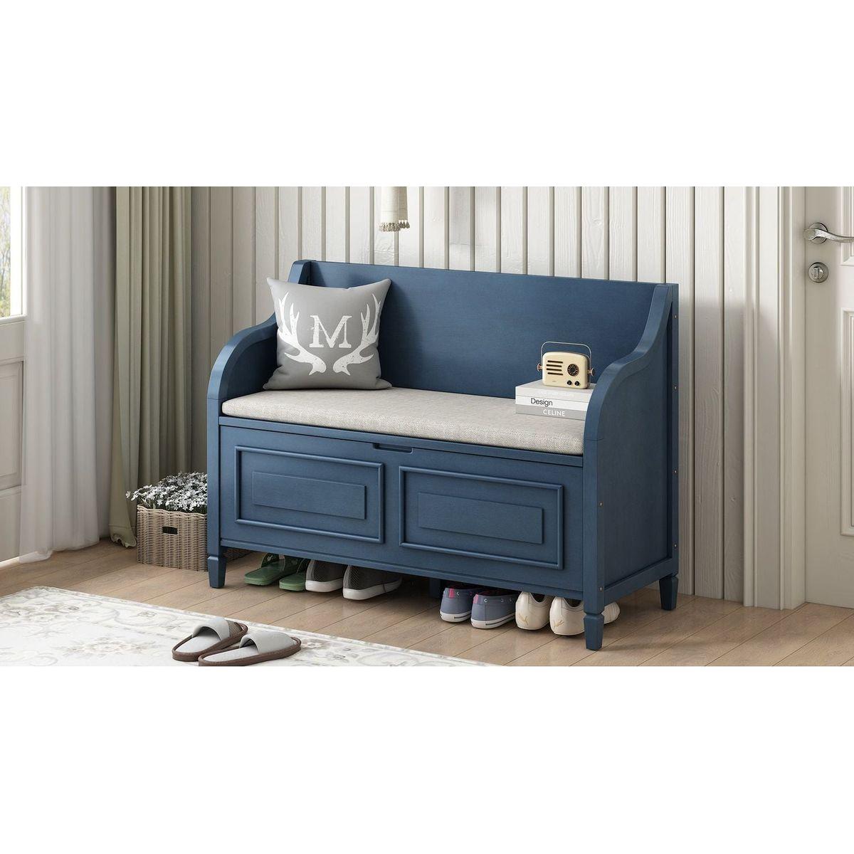 Rustic Style Solid wood Entryway Multifunctional Storage Bench with Safety Hinge (Antique Navy+ Beige)