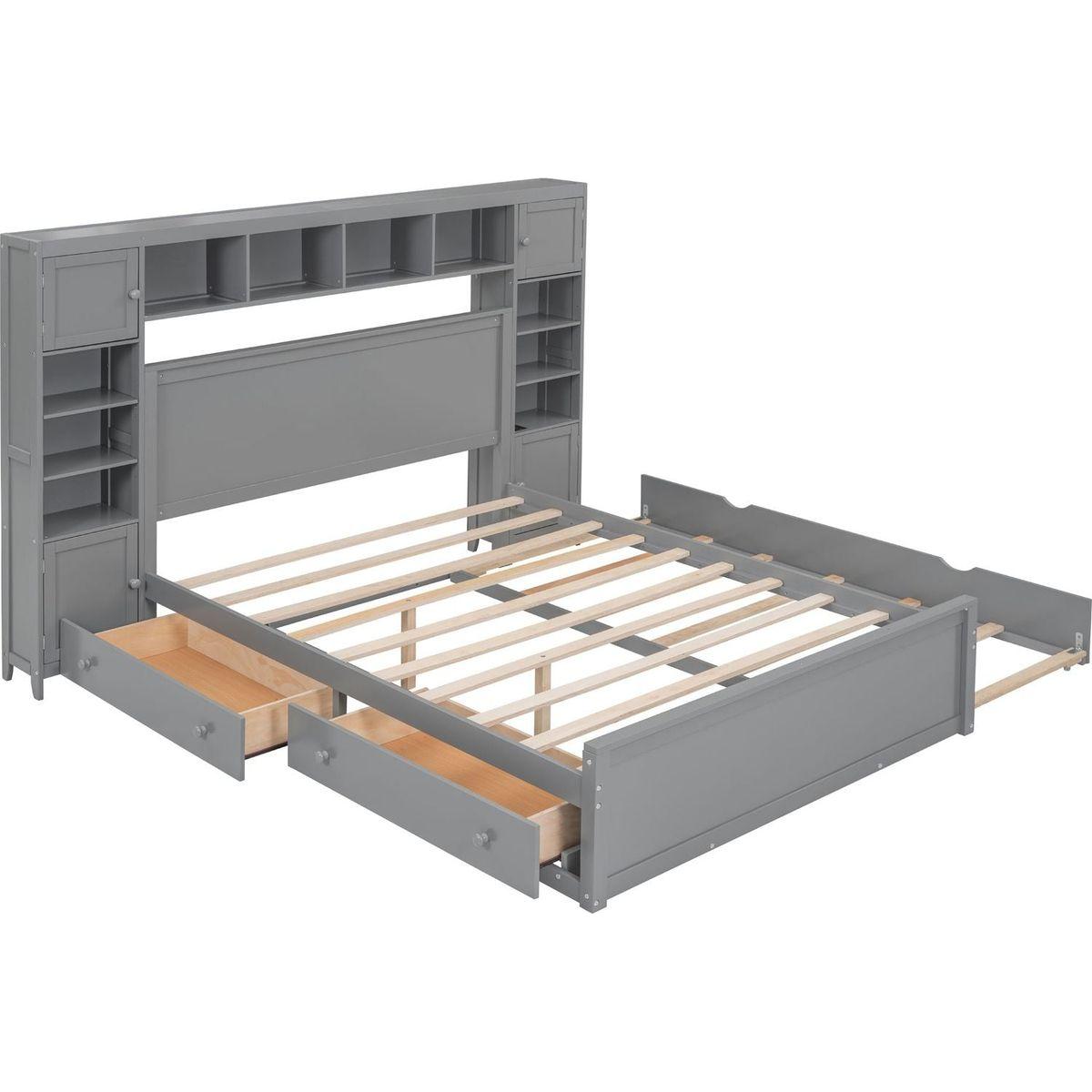 Queen Size Wooden Bed With All-in-One Cabinet, Shelf and Sockets, Gray