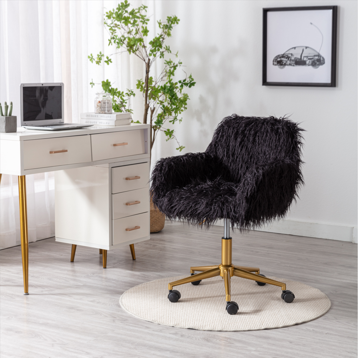 Modern Faux fur home office chair, fluffy chair for girls, makeup vanity Chair with Gold Plating Base