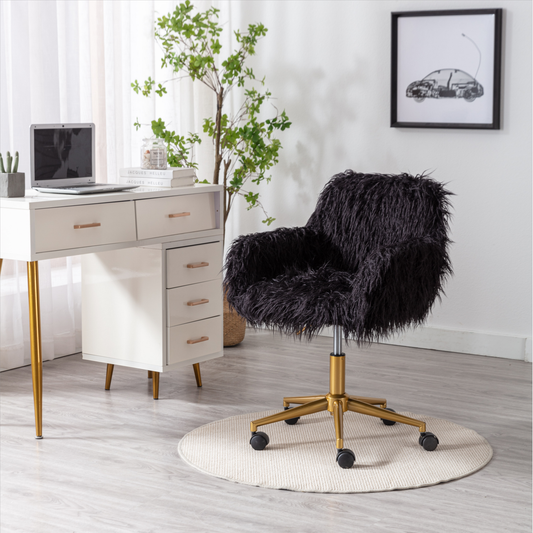 Modern Faux fur home office chair, fluffy chair for girls, makeup vanity Chair with Gold Plating Base