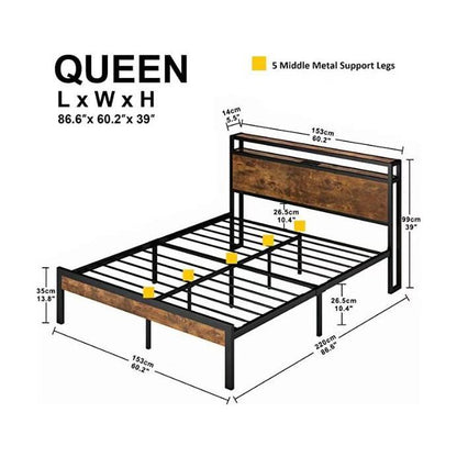 Queen Size Metal Platform Bed Frame with Wooden Headboard and Footboard with USB LINER, No Box Spring Needed, Large Under Bed Storage, Easy Assemble