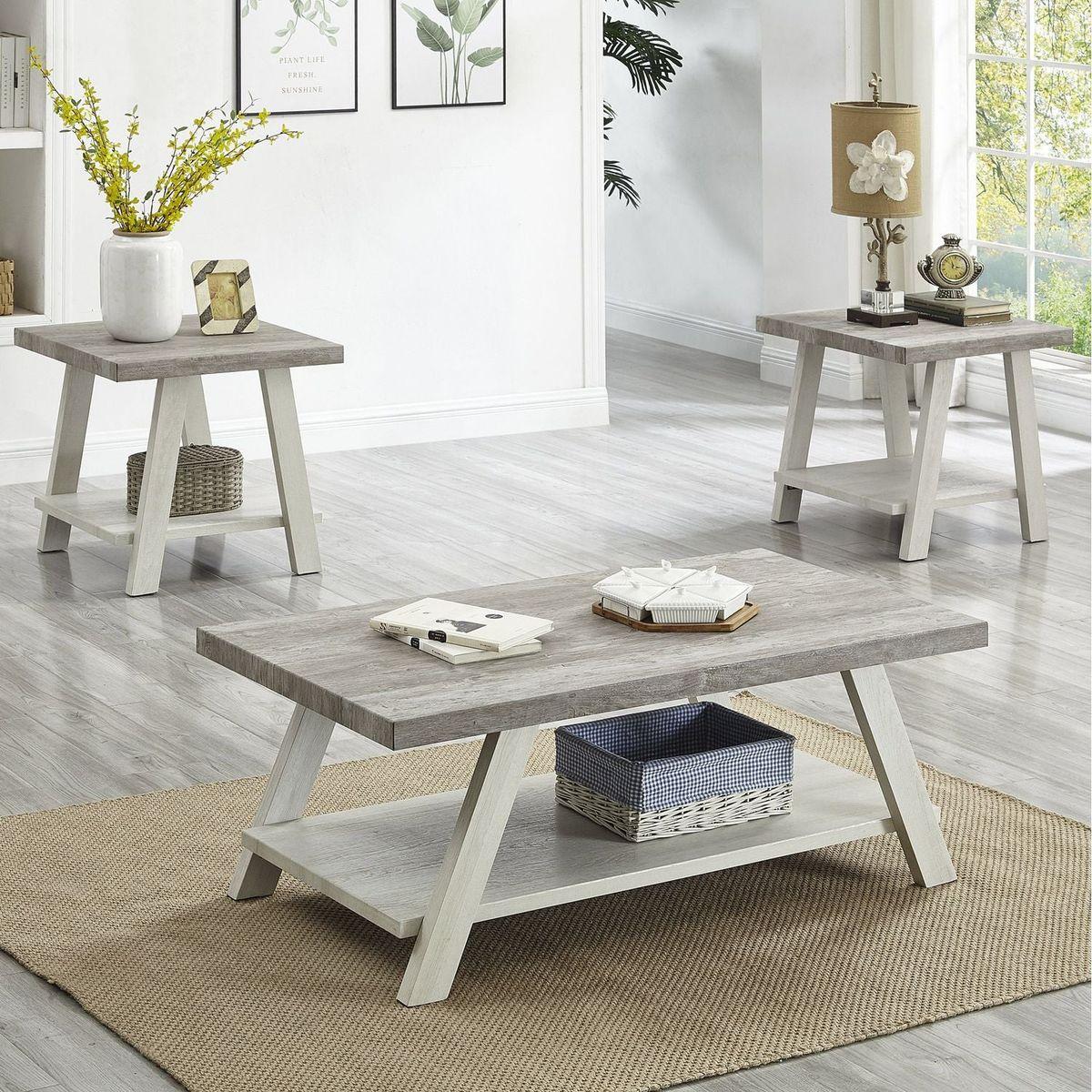 Athens Contemporary 3-Piece Wood Shelf Coffee Table Set in Weathered Gray and Beige