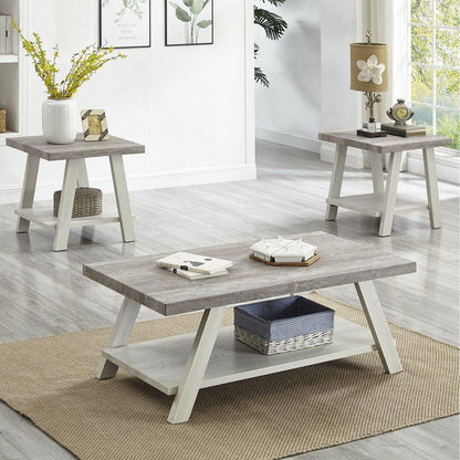 Athens Contemporary 3-Piece Wood Shelf Coffee Table Set in Weathered Gray and Beige