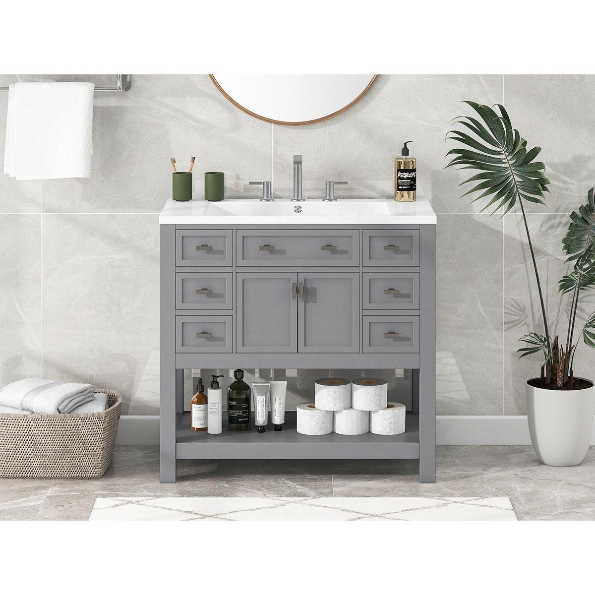 36" Bathroom Vanity with Top Sink, Modern Bathroom Storage Cabinet with 2 Soft Closing Doors and 6 Drawers, Single Sink Bathroom Vanity