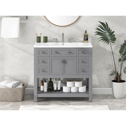 36" Bathroom Vanity with Top Sink, Modern Bathroom Storage Cabinet with 2 Soft Closing Doors and 6 Drawers, Single Sink Bathroom Vanity