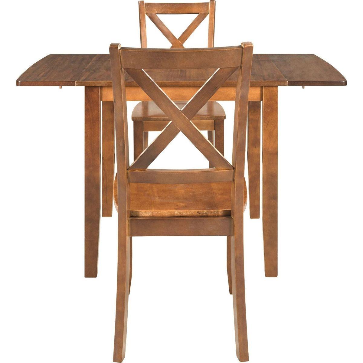 3-Piece Wood Drop Leaf Breakfast Nook Dining Table Set with 2 X-back Chairs for Small Places, Brown