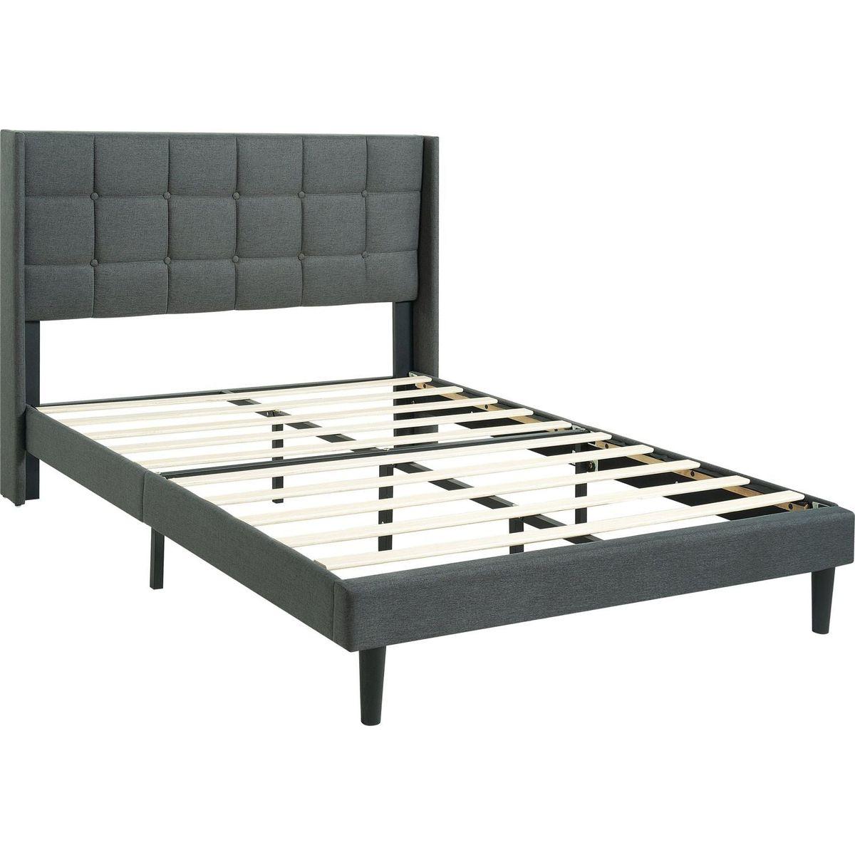 Queen Size Upholstered Platform Bed Frame with Modern Button Tufted Linen Fabric Headboard, No Box Spring Needed, Wood Slat Support, Easy Assembly, Drak Grey