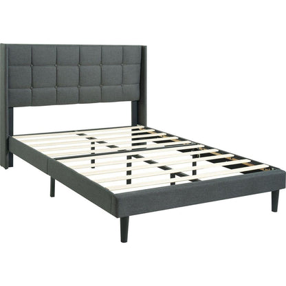 Queen Size Upholstered Platform Bed Frame with Modern Button Tufted Linen Fabric Headboard, No Box Spring Needed, Wood Slat Support, Easy Assembly, Drak Grey