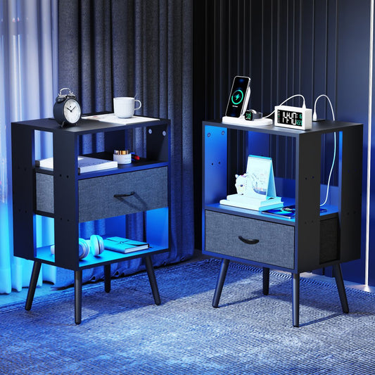 2 Pack Modern Nightstand with Charging Station, Bedside Tables with LED Light and Fabric Drawers