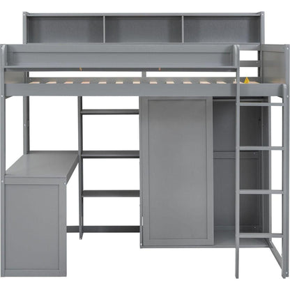 Wood Twin Size Loft bed with Multiple Storage Shelves and Wardrobe, Gray