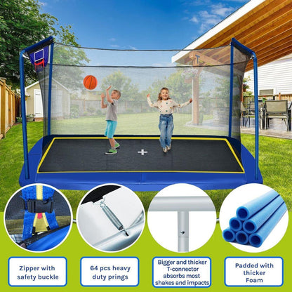 New YC 8ft by 12ft rectangular trampoline with basketball board,ball inflater and ladder-Blue ASTM standard tested and CPC certified