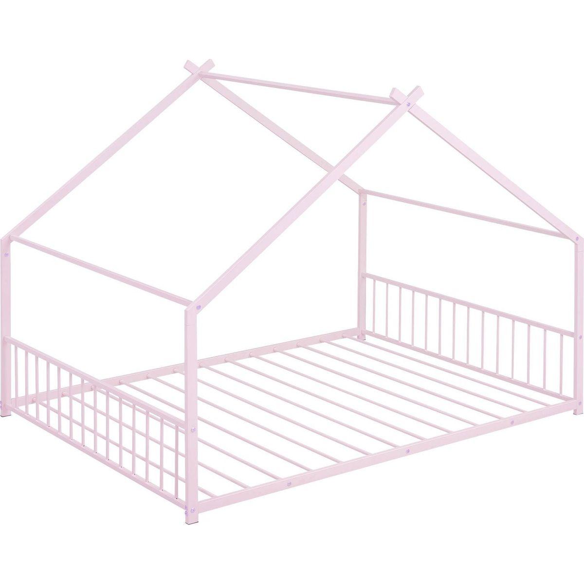 Full Size Metal House Bed, Pink