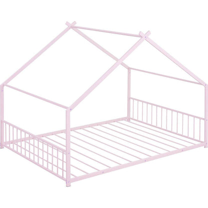 Full Size Metal House Bed, Pink