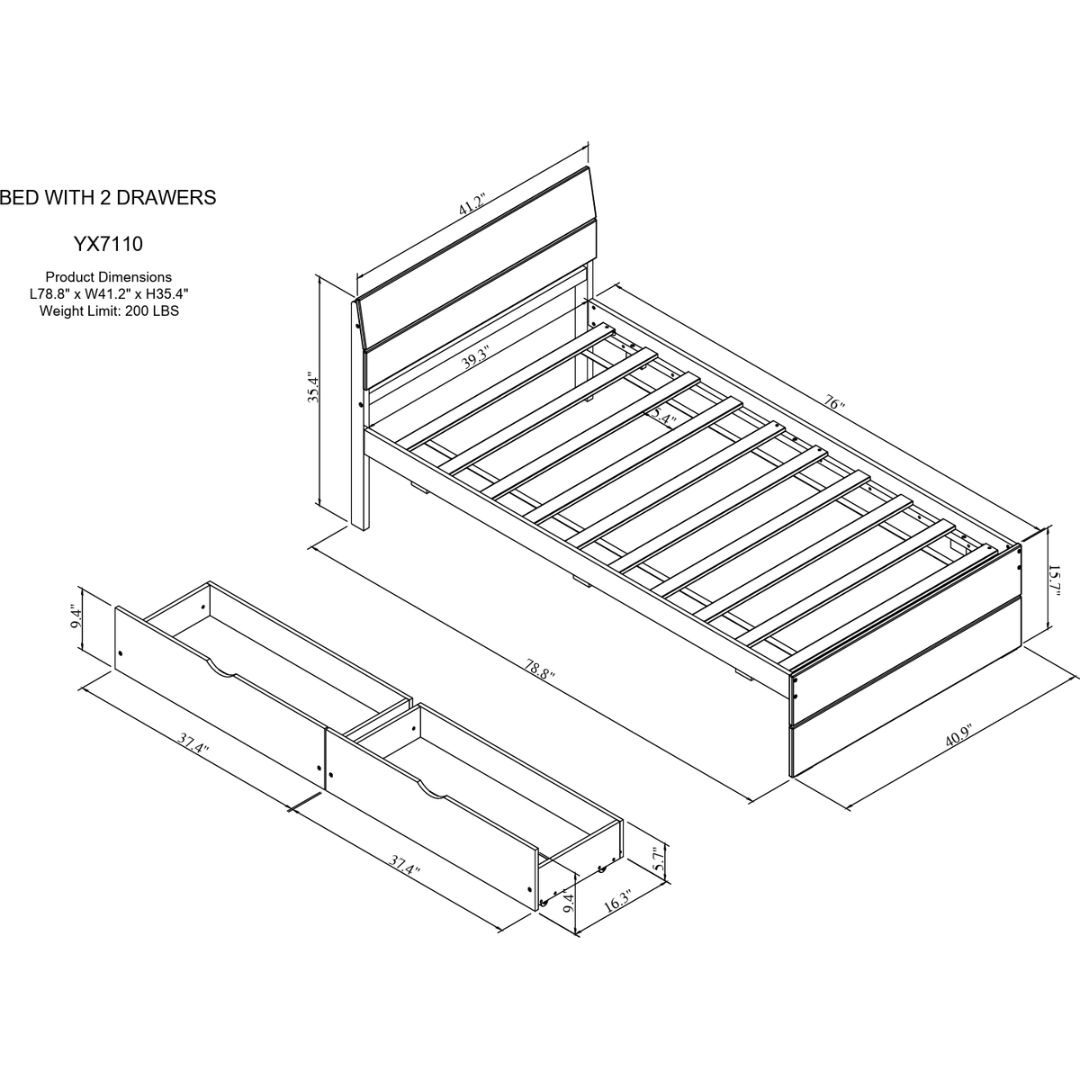 Modern Twin Bed Frame With 2 Drawers For White High Gloss Headboard and Footboard With Light Oak Color