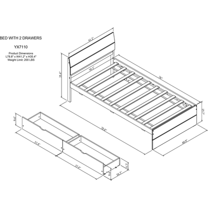 Modern Twin Bed Frame With 2 Drawers For White High Gloss Headboard and Footboard With Light Oak Color
