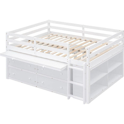 Full Size Loft Bed with Retractable Writing Desk and 4 Drawers, Wooden Loft Bed with Lateral Portable Desk and Shelves, White