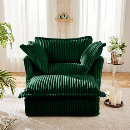 Upholstered Slipcovered Armchair with Ottoman,  Deep Seat Armchair W/ Wide Ottoman for Living Room, Armchair Sets with Large Soft Pillows(Set of 2), Green Corduroy Fabric