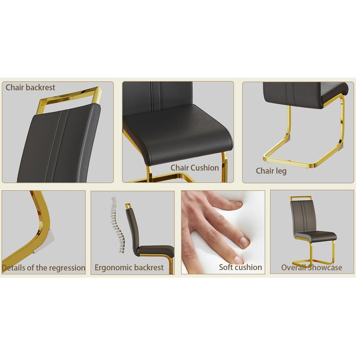 Modern Dining Chairs,PU Faux Leather High Back Upholstered Side Chair with C-shaped Tube. Plating Golden Metal Legs for Dining Room Kitchen Vanity Patio Club Guest Office Chair (Set of 4) (Grey+PU)