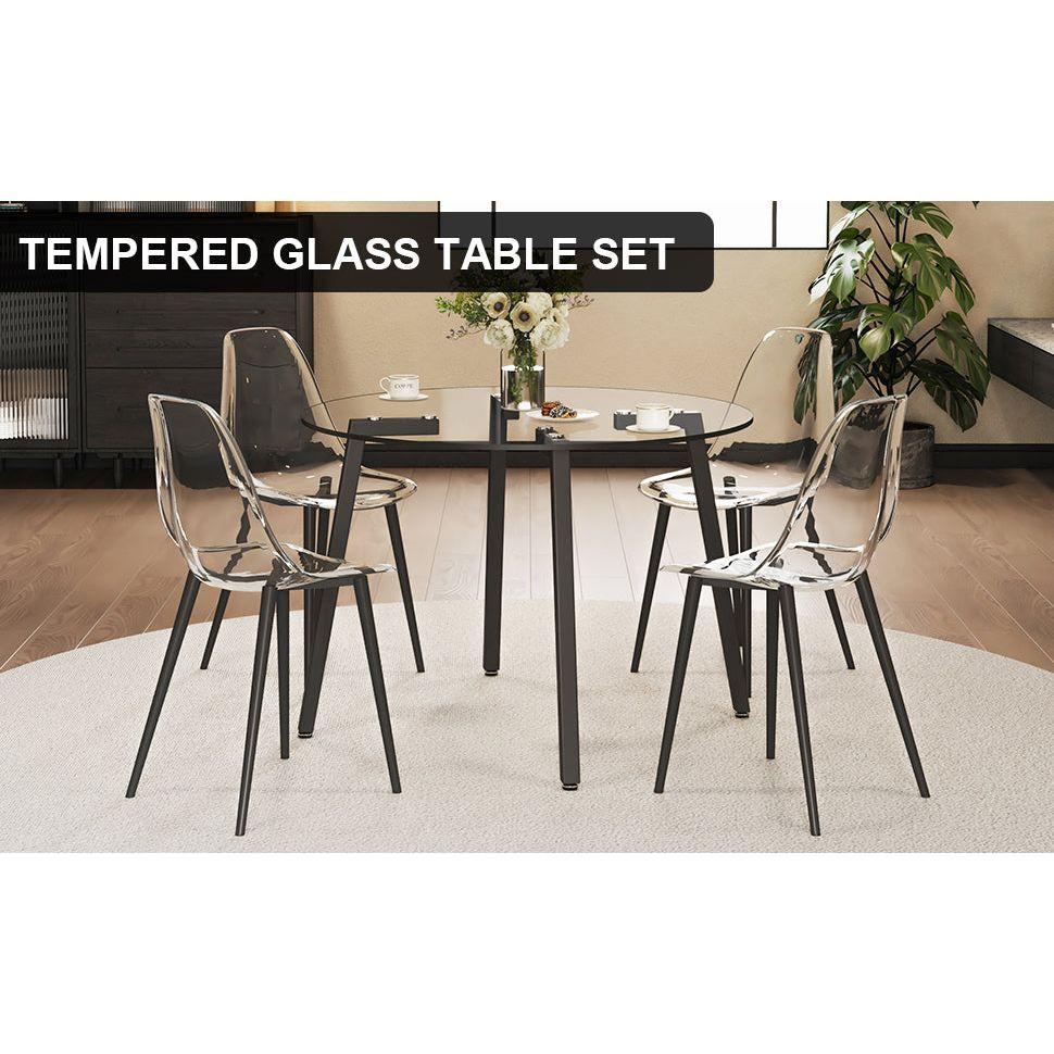 Modern simple style round transparent tempered glass table, black metal legs, 4-piece set of modern minimalist transparent dining chairs with black metal legs