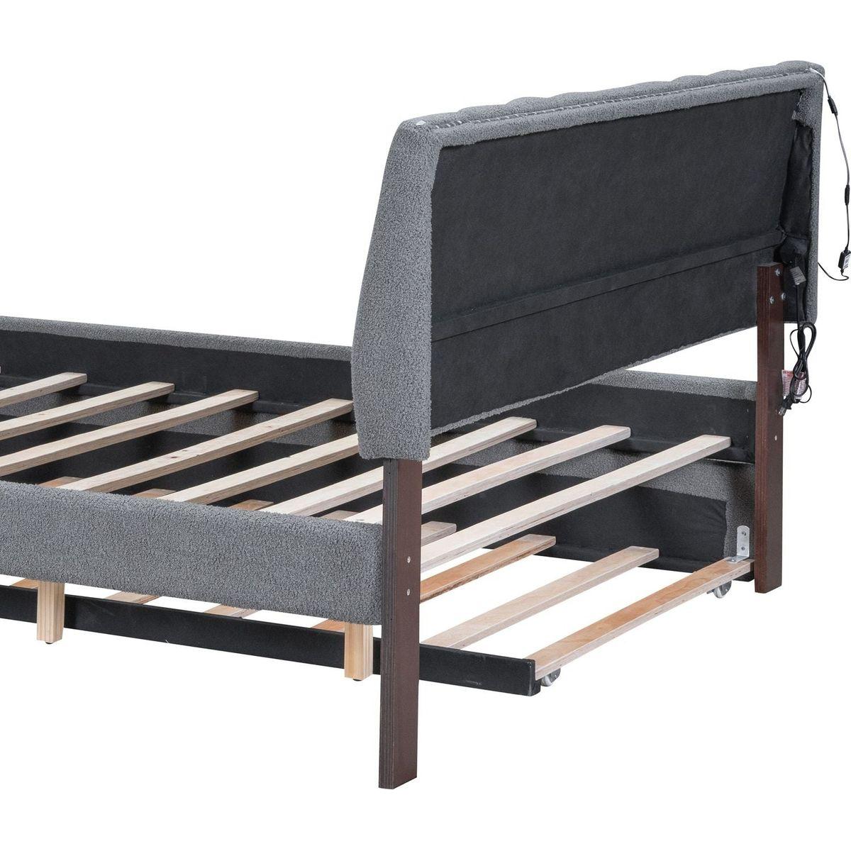 Teddy Fleece Queen Size Upholstered Platform Bed with Trundle, Gray
