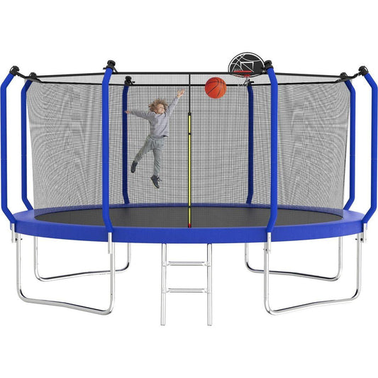 12FT Trampoline with Basketball Hoop, ASTM Approved Reinforced Type Outdoor Trampoline with Enclosure Net