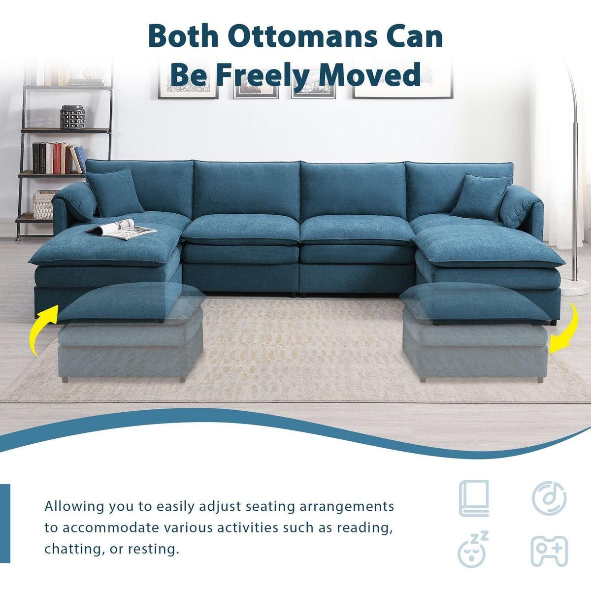 134x66" Chenille Modular Sectional Sofa,U Shaped Cloud Couch Set with Double Cushions, 6 Seat Sleeper Sofa Bed with Ottomans,Oversized Indoor Furniture for Living Room, 3 Colors