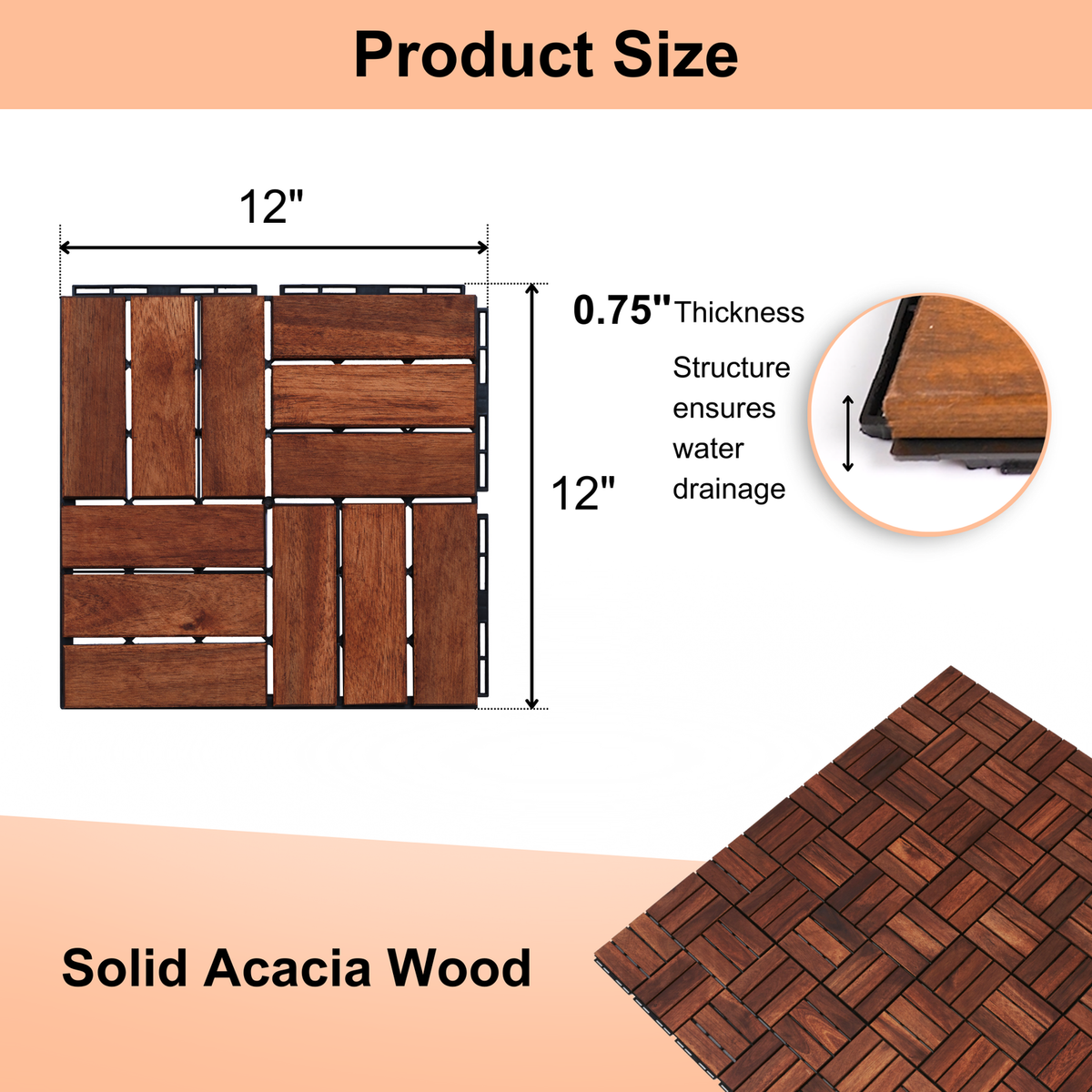 20 PCS Interlocking Deck Tiles Checker Pattern, 12" x 12" Square Acacia Hardwood Outdoor Flooring for Patio, Bancony, Pool Side,...