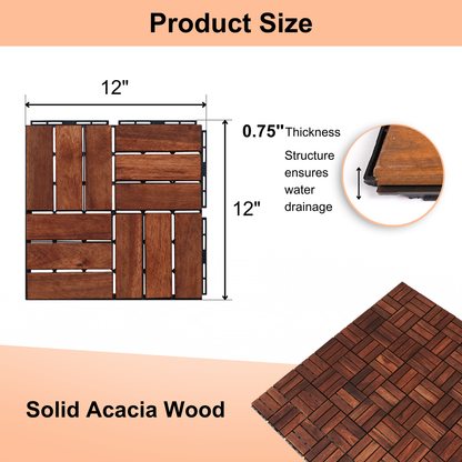 20 PCS Interlocking Deck Tiles Checker Pattern, 12" x 12" Square Acacia Hardwood Outdoor Flooring for Patio, Bancony, Pool Side,...