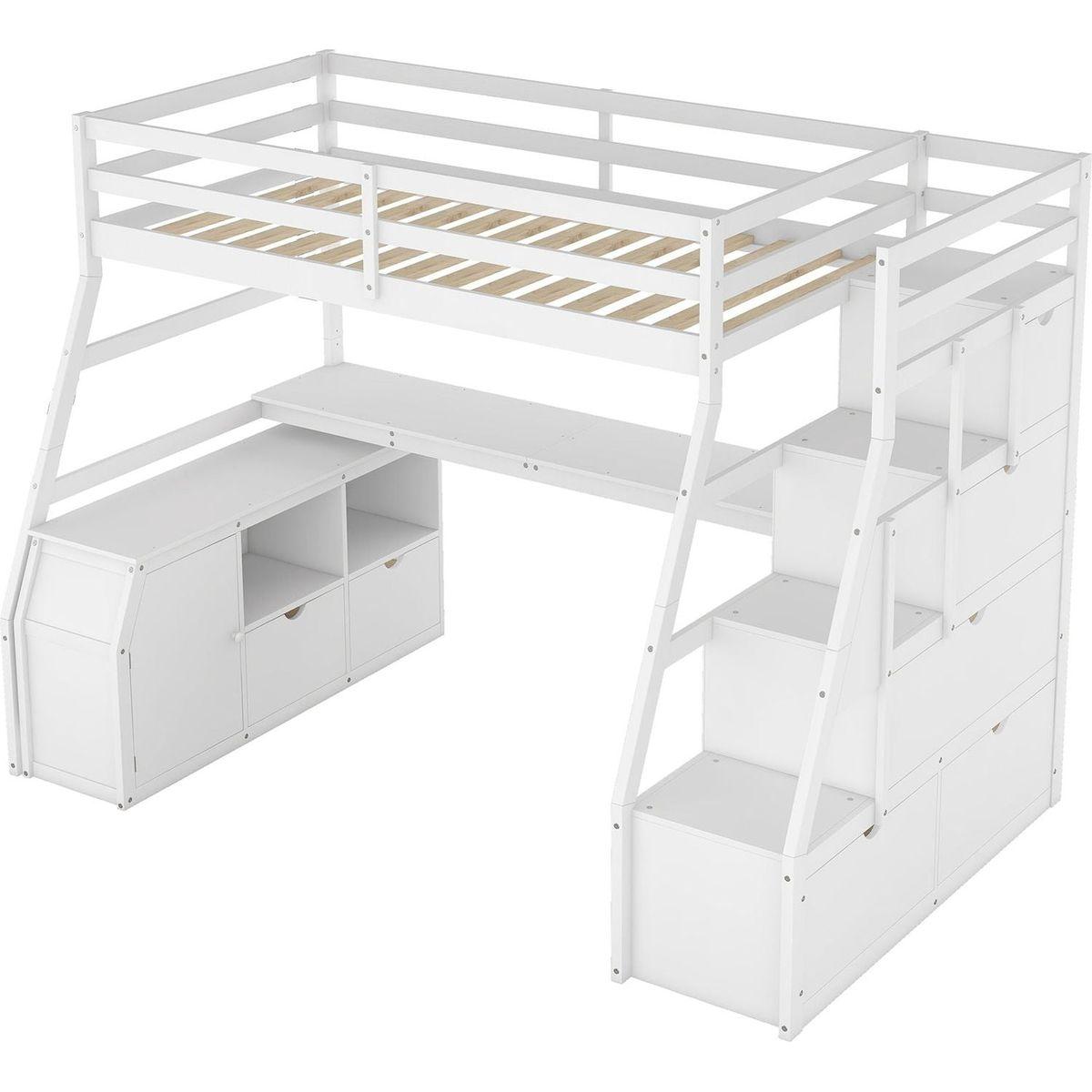 Twin Size Loft Bed with 7 Drawers 2 Shelves and Desk - White