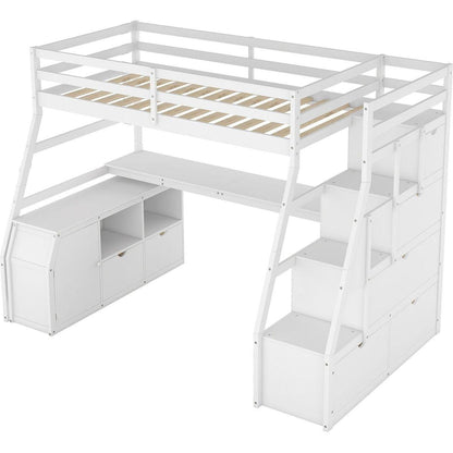 Twin Size Loft Bed with 7 Drawers 2 Shelves and Desk - White