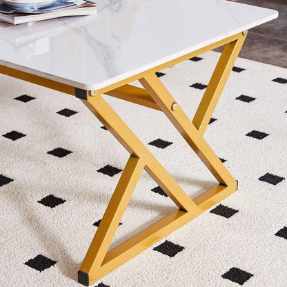 A modern minimalist style white marble patterned coffee table with golden metal legs. Computer desk. Game table. Tea table. CT-XX