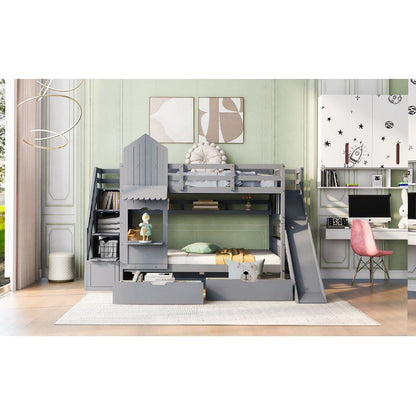 Twin-Over-Twin Castle Style Bunk Bed with 2 Drawers 3 Shelves and Slide - Gray