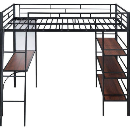 Full Size Loft Metal Bed with 3 Layers of Shelves and Desk, Stylish Metal Frame Bed with Whiteboard, Black