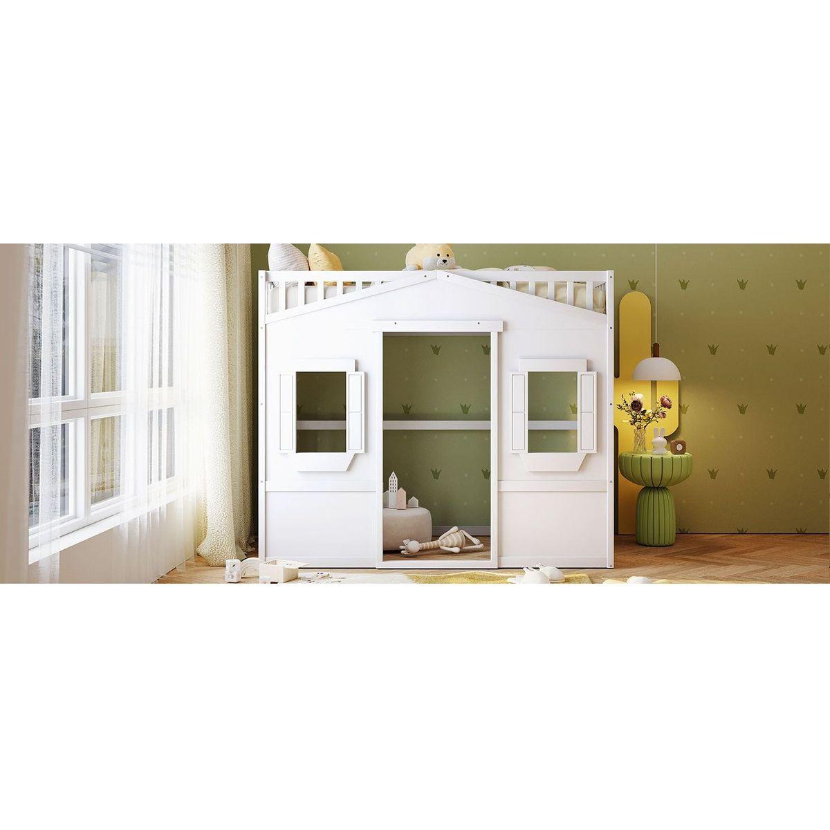 Twin Size House Loft Bed With Ladder-White