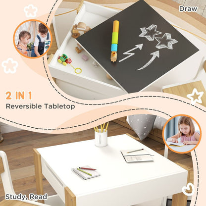 Qaba 3 Piece Kids Table and Chair Set, 2 in 1 Toddler Table and Chair Set with Reversible Tabletop Blackboard, Storage & Bookshelves for Playroom, Nursery, Gray