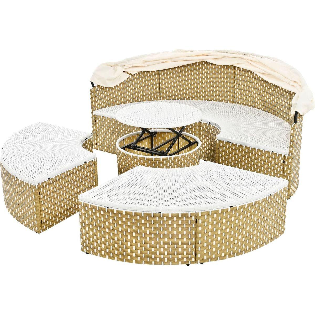 Patio Furniture Round Outdoor Sectional Sofa Set Rattan Daybed Two-Tone Weave Sunbed with Retractable Canopy, Separate Seating and Removable Cushion, Beige