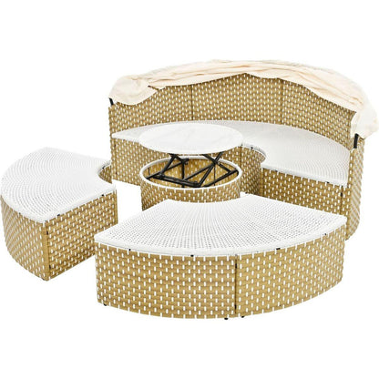 Patio Furniture Round Outdoor Sectional Sofa Set Rattan Daybed Two-Tone Weave Sunbed with Retractable Canopy, Separate Seating and Removable Cushion, Beige