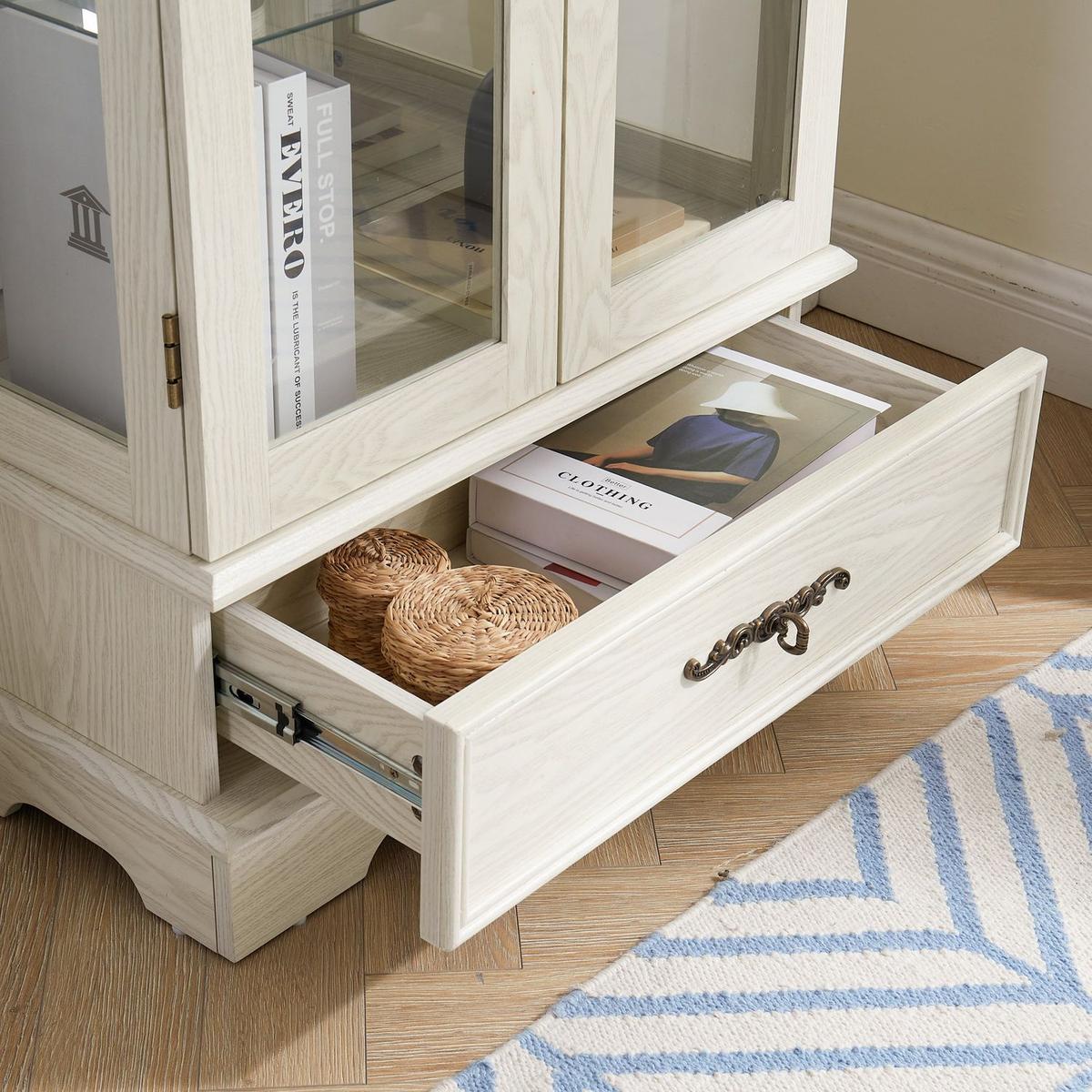 Glass Cabinet Lighted Glass Cabinet Curio Display Cabinet with Adjustable Glass Shelves 2 Doors and 1 drawer Cabinet Bulb Included White