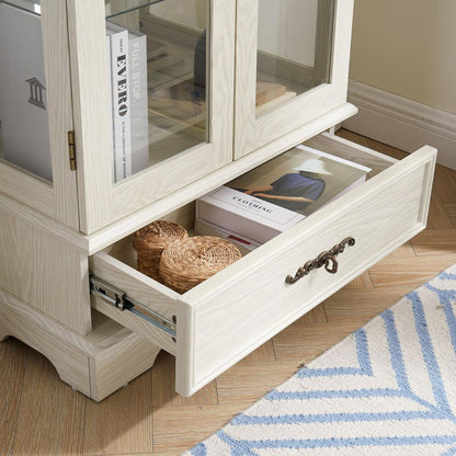 Glass Cabinet Lighted Glass Cabinet Curio Display Cabinet with Adjustable Glass Shelves 2 Doors and 1 drawer Cabinet Bulb Included White