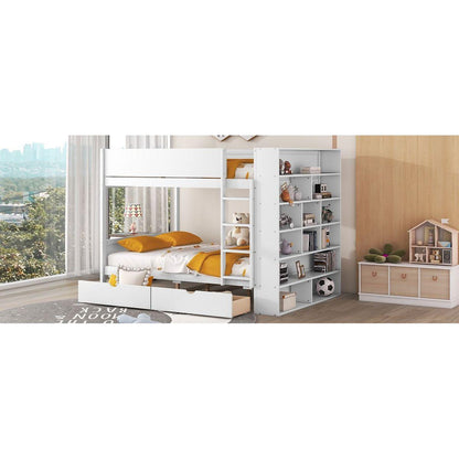Full over Full Bunk Bed With 2 Drawers and Multi-layer Cabinet, White