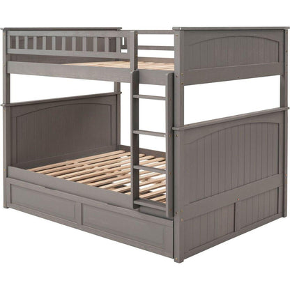 Full Over Full Bunk Bed with Twin Size Trundle, Pine Wood Bunk Bed with Guardrails, Brushed Gray