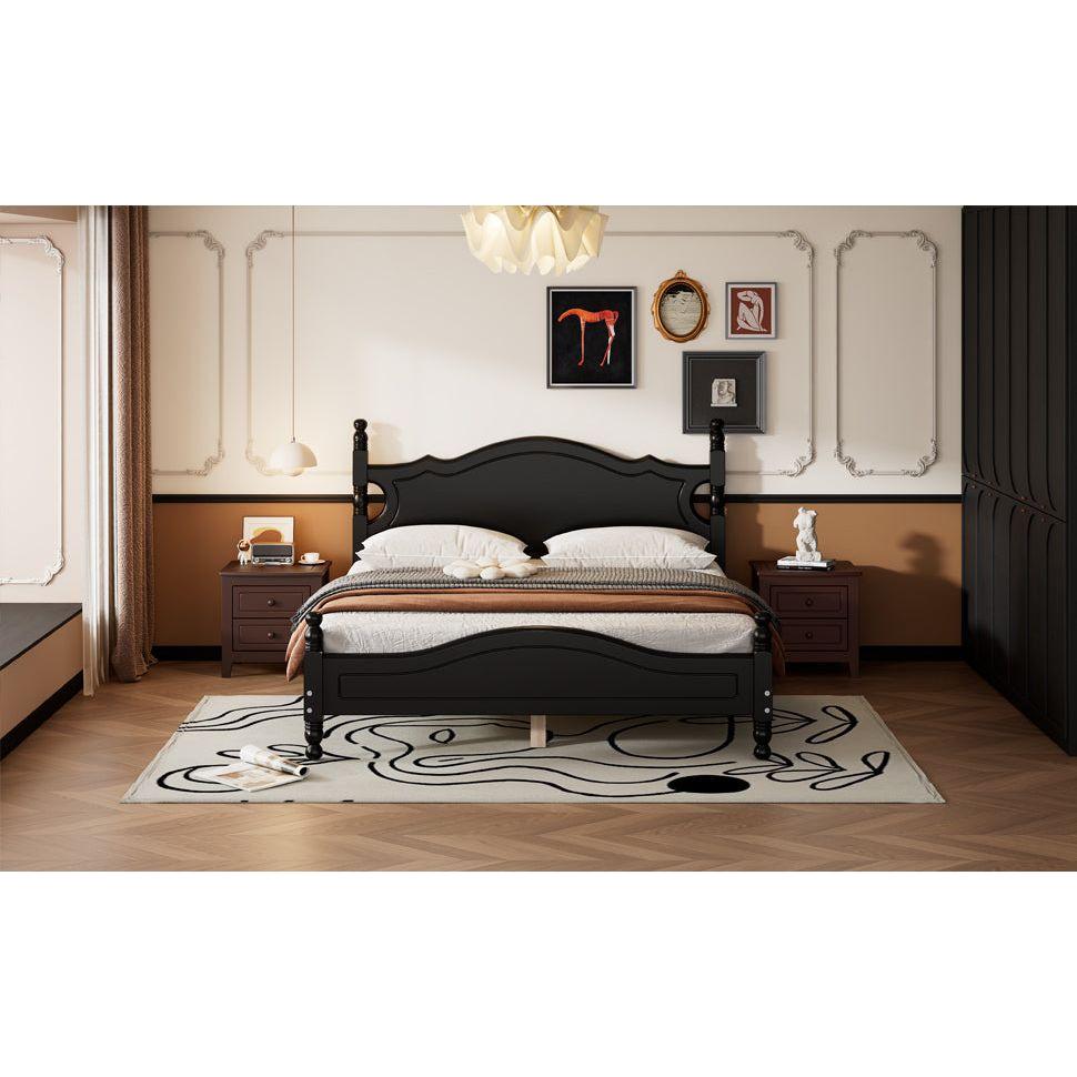 Queen Size Wood Platform Bed Frame,Retro Style Platform Bed with Wooden Slat Support,Black