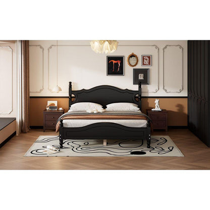Queen Size Wood Platform Bed Frame,Retro Style Platform Bed with Wooden Slat Support,Black