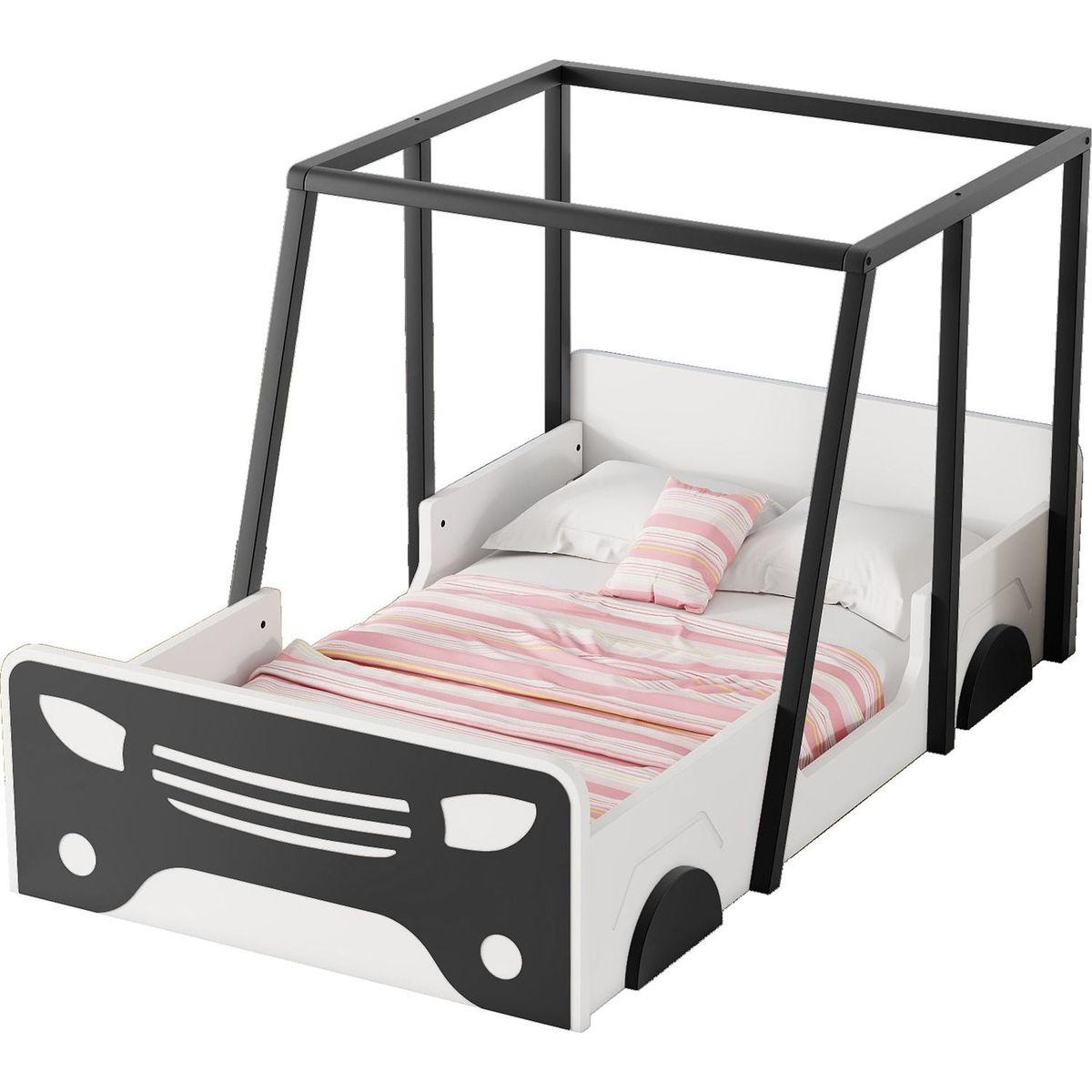 Twin Size Car-shaped Bed with Roof,Wooden Twin Floor Bed with wheels and door Design,Montessori Inspired Bedroom,Black