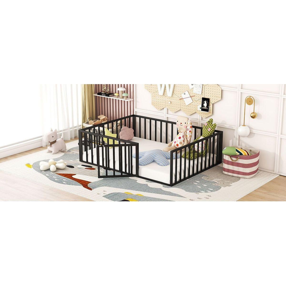 Full Size Metal Floor Bed Frame with Fence and Door, Black