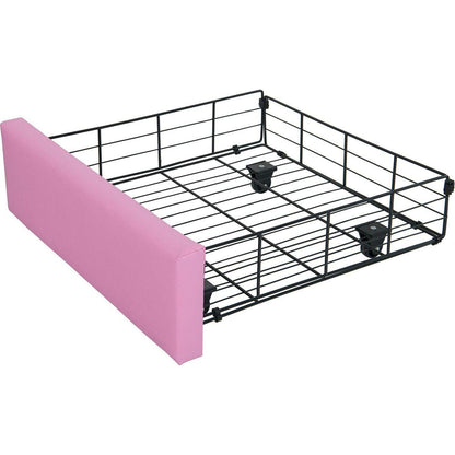 Full Size Upholstered Bed Frame with LED Lights, Modern Upholstered Princess Bed with Crown Headboard, 2 Drawers, Pink+White