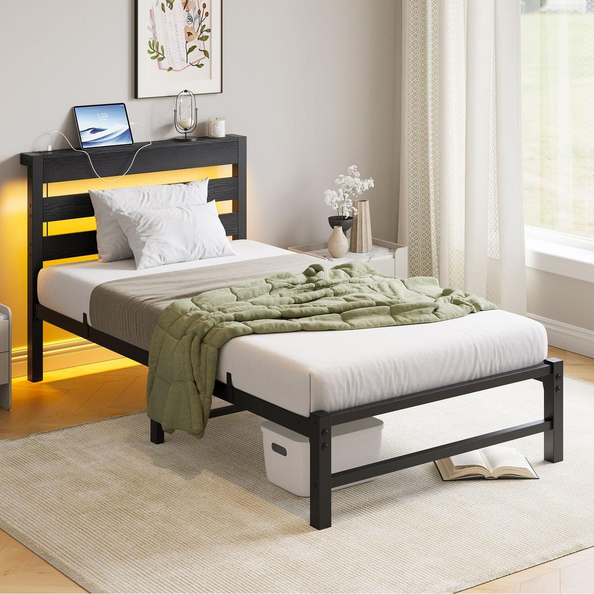 Twin Size Bed Frame Heavy Duty Platform Bed Frame with Headboard, USB Charging Station, LED Bed, No Box Spring Needed, Mattress Foundation, Strong Steel Slats, Noise Free, Black