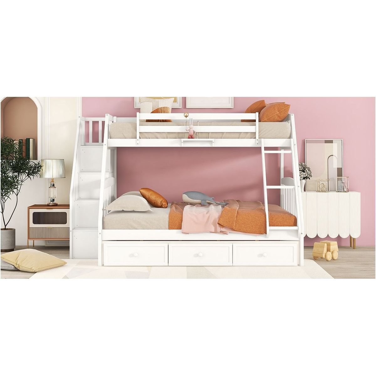 Twin-Over-Full Bunk Bed with Drawers氓Ladder and Storage Staircase, White