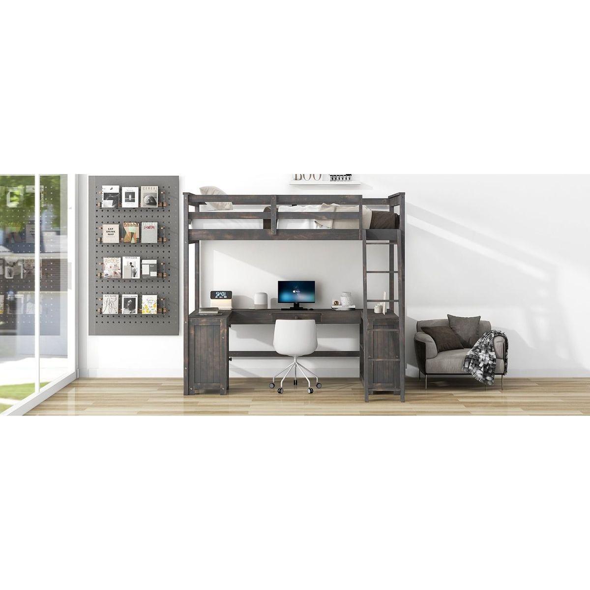 Twin Size Loft Bed with U-shaped Desk, Drawers and Storage Shelves, Antique Brown