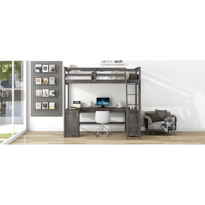 Twin Size Loft Bed with U-shaped Desk, Drawers and Storage Shelves, Antique Brown